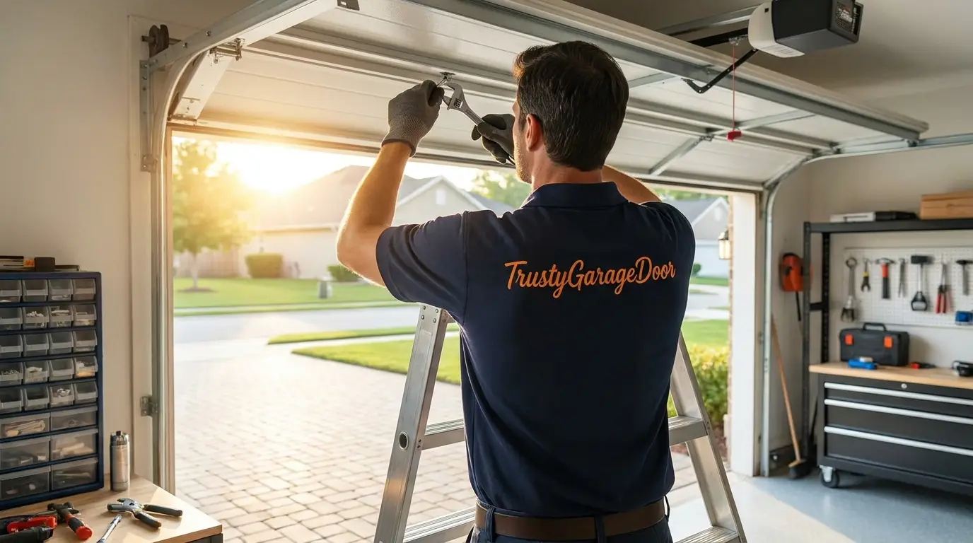 TrustyGarageDoor technician adjusting a residential garage door track