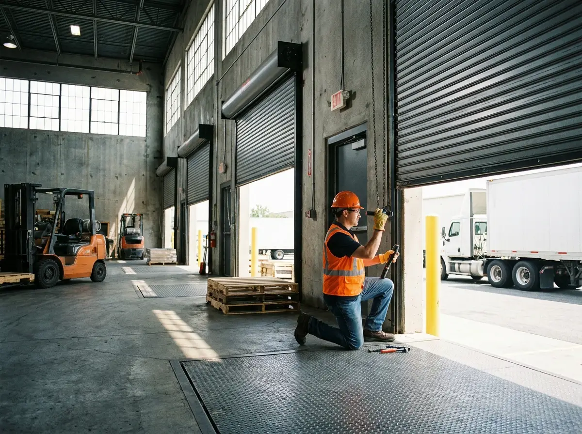 Technician inspecting commercial rolling steel overhead doors at a loading dock