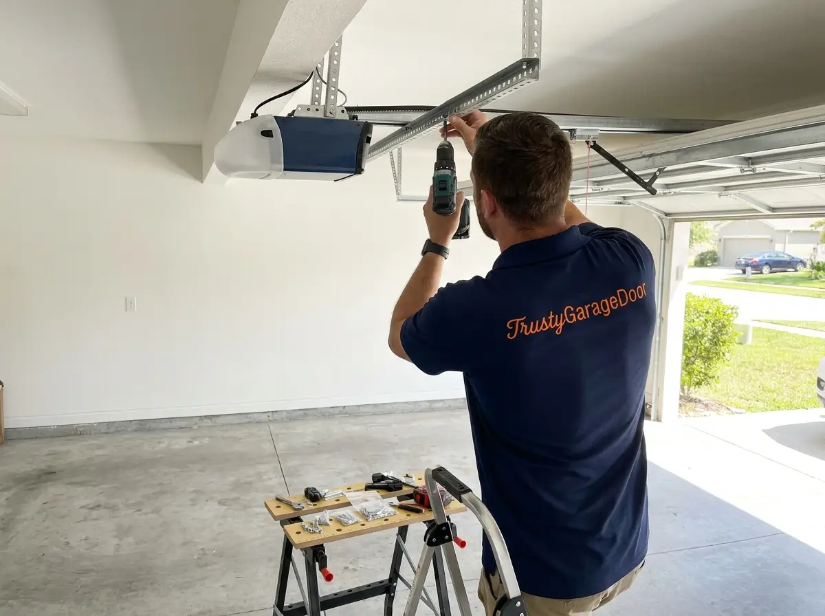 TrustyGarageDoor technician installing a ceiling-mounted garage door opener