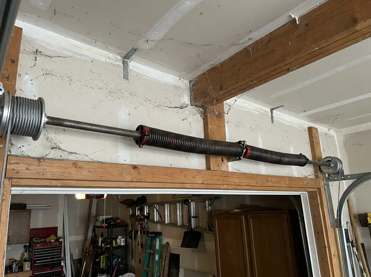 Garage door torsion springs mounted above a residential door opening